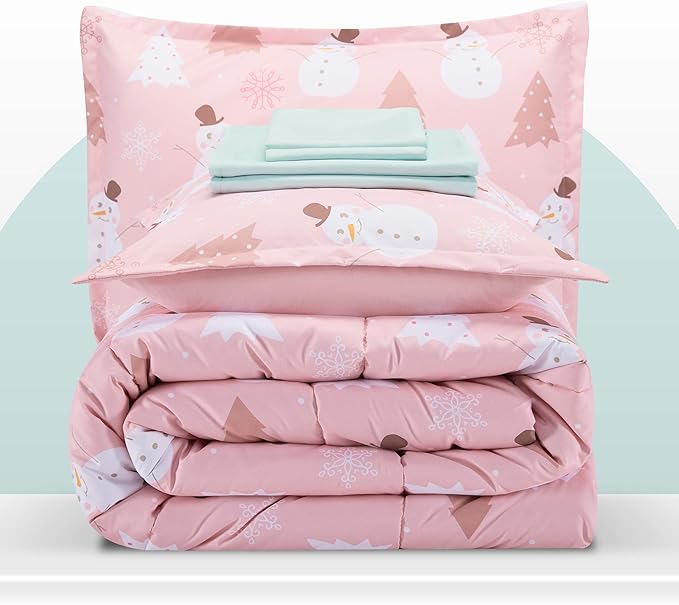 SLEEP ZONE Kids Twin Bedding Comforter Set - Super Cute & Soft Kids Bedding 5 Pieces Set with Comforter, Sheet, Pillowcase & Sham (Pink Snowman)