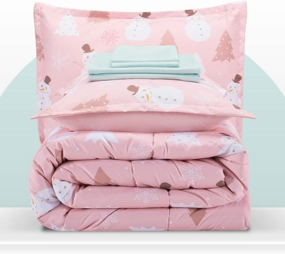 SLEEP ZONE Kids Twin Bedding Comforter Set - Super Cute & Soft Kids Bedding 5 Pieces Set with Comforter, Sheet, Pillowcase & Sham (Pink Snowman)