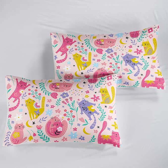Floral Cat Comforter King Size,Pink Cat Comforter Set for Kids Teens Girls,3Pcs Bedding Set Printed Comforter with 2 Pillowcases,Down Alternative,Soft and Lightweight(Pink，King Size)