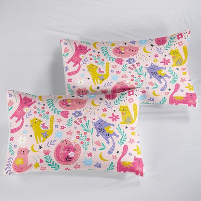 Floral Cat Comforter King Size,Pink Cat Comforter Set for Kids Teens Girls,3Pcs Bedding Set Printed Comforter with 2 Pillowcases,Down Alternative,Soft and Lightweight(Pink，King Size)