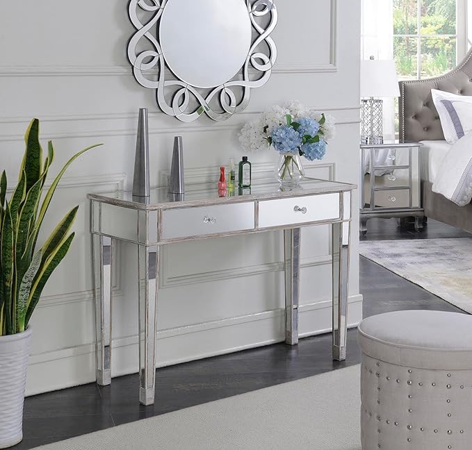 Convenience Concepts Gold Coast Mirrored Desk 42" - Console Table with 2 Drawers for Storage in Living Room, Office, Weathered White/Mirror