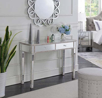 Convenience Concepts Gold Coast Mirrored Desk 42" - Console Table with 2 Drawers for Storage in Living Room, Office, Weathered White/Mirror