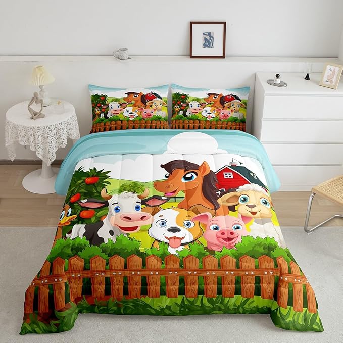 Kids Cartoon Comforter Set Cute Farm Animals Comforter Cattle Sheep Pigs Dogs Horses Bedding Set for Boys Girls Farmhouse Duvet Set Soft Room Decor King Size Colorful Quilt Boys