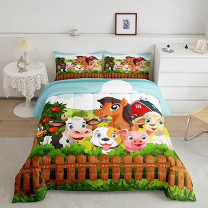 Kids Cartoon Comforter Set Cute Farm Animals Comforter Cattle Sheep Pigs Dogs Horses Bedding Set for Boys Girls Farmhouse Duvet Set Soft Room Decor King Size Colorful Quilt Boys