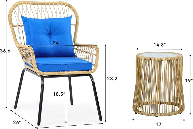 YITAHOME 3-Piece Outdoor Patio Furniture Wicker Bistro Set, All-Weather Rattan Conversation Chairs for Backyard, Balcony and Deck with Soft Cushions, Glass Side Table (Light Brown+Navy Blue)