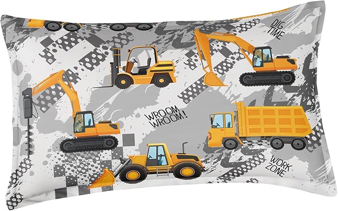 3-Pcs Construction Kids Bedding Set for Boys, Reversible Twin Truck Bed Comforter Set, Cartoon Excavator Car Printed Bedding Sets with Tire Marks