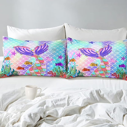 Mermaid Full Size Bedding Set for Girls, Rainbow Mermaid Tail Fish Scales Comforter Set Full Size Bed in a Bag, Cute Mermaid Tail Pattern Decor for Girls Bedroom, 1 Comforter 2 Pillowcase