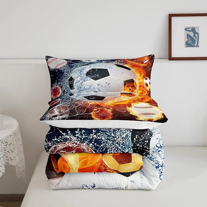 Erosebridal Boys Soccer Bedding Set Football Sports King Comforter Set for Kids Teen Youth Bedroom Decor Lightning Baseball Quilt Duvet Water Fire Basketball Comforter with 2 Pillow Cases Red Blue
