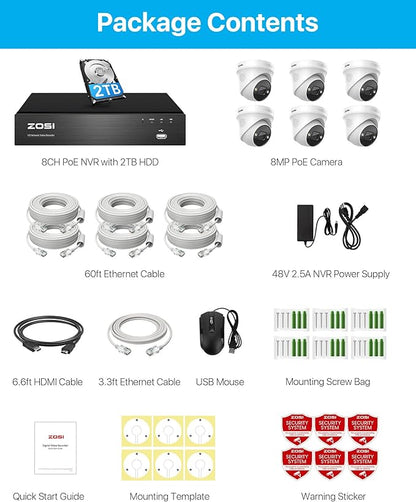 ZOSI 4K 8CH Spotlight PoE Security Camera System,6pcs 4K Wired Indoor Outdoor PoE IP Cameras with 2 Way Audio,Night Vision,Human Detection,Smart Light Alarm,8CH 8MP NVR with 2TB HDD for 24/7 Record
