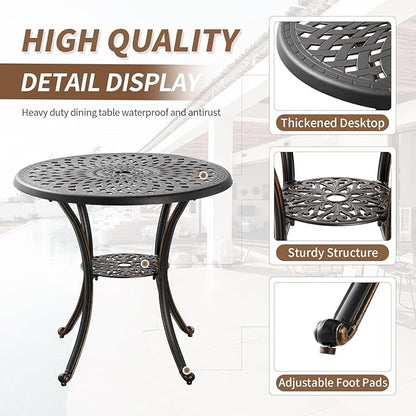 Cast Aluminum Patio Dining Set, Outdoor Bistro Set, 31.5"" Round Patio Table with Umbrella Hole, 2 Patio Chairs for Yard Porch Garden Balcony, Bronze 4