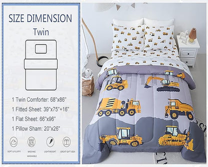 Twin Size Comforter Set for Boys, 4-Piece Bed in a Bag, 3D Construction Bedding Comforter Sheet Set, Ultra Soft and Fluffy, Cartoon Truck Cars