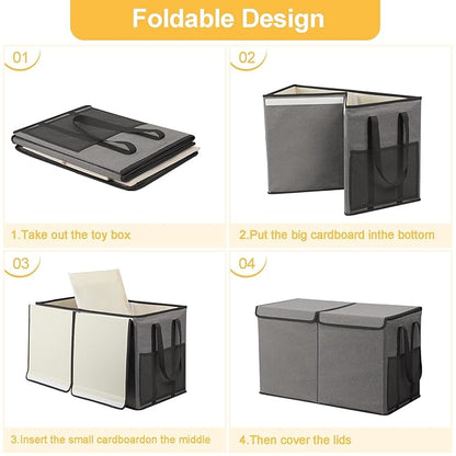 Large Toy Box for Boys Girls Toy Chest Kids Toy Storage Organizer Collapsible Toy Storage Bin Basket with Two Mesh Pockets for Nursery Playroom Bedroom Living Room Organization