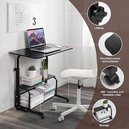 Adjustable Home Office Desk Portable Student Study Computer Desk Furniture for Small Spaces Movable Sofa Side Table on Wheels Laptop Desk with Storage Black Size 31x16 Inch