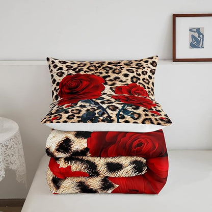 Rose Flower Comforter Set for Teens Adult Women Wedding Gift, Leopard Print Bedding Set Queen Size, Valentine's Day Cheetah Duvet Sets Leopard Animal Skin Down Comforter for Bedroom Decor, Brown