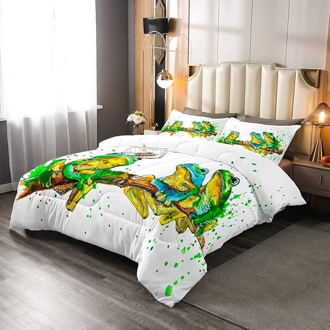 Erosebridal Cartoon Frog Comforter Set King Size, Green Tie Dye Down Comforter, Tree Branch Quilted Duvet,Animal Soft Duvet Insert for Kid Adult, White Room Decor Bedding Comforter Set