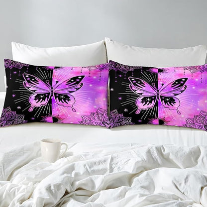 Butterfly Comforter Set for Girls Women, Butterfly Bed Set, Boho Butterflies with Sun and Moon Printed Bedding Sets, Black Purple Butterfly Comforter Set Full Size with 2 Pillowcases