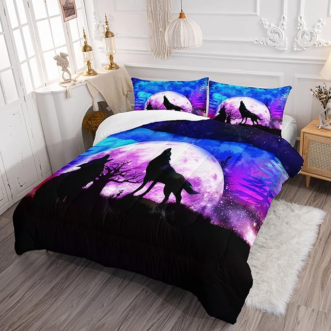 Wolf Comforter Set Galaxy Wolf Night Moon Bedding Set for Kids Teens Room Decor Wild Animals Comforter with 2 Pillowcases