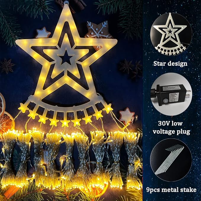 Christmas Lights Outdoor, Aokudoni 12.6ft 8-Lighting Modes Waterfall Lights for Christmas, Outdoor Christmas Decorations for Yard, Christmas Lights for Tree House Holiday Party, Warm White
