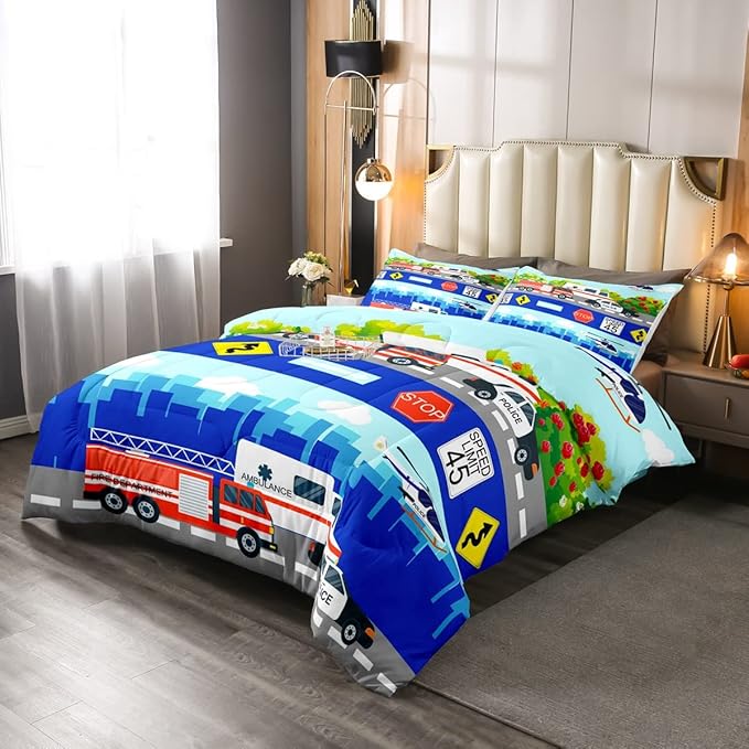 Erosebridal Kids Fire Trucks Car Comforter Set Full Size Cartoon Police Car Down Comforter Airplane Rescue Vehicles Beding Set Boys Girls Car Room Decor Soft Lightweight Duvet Set, Colorful Comforter