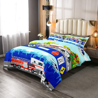 Kids Fire Trucks Car Comforter Set Twin Size Cartoon Police Car Down Comforter Airplane Ambulance Rescue Vehicles Beding Set Boys Girls Car Room Decor Soft Lightweight Duvet Set, Colorful Comforter