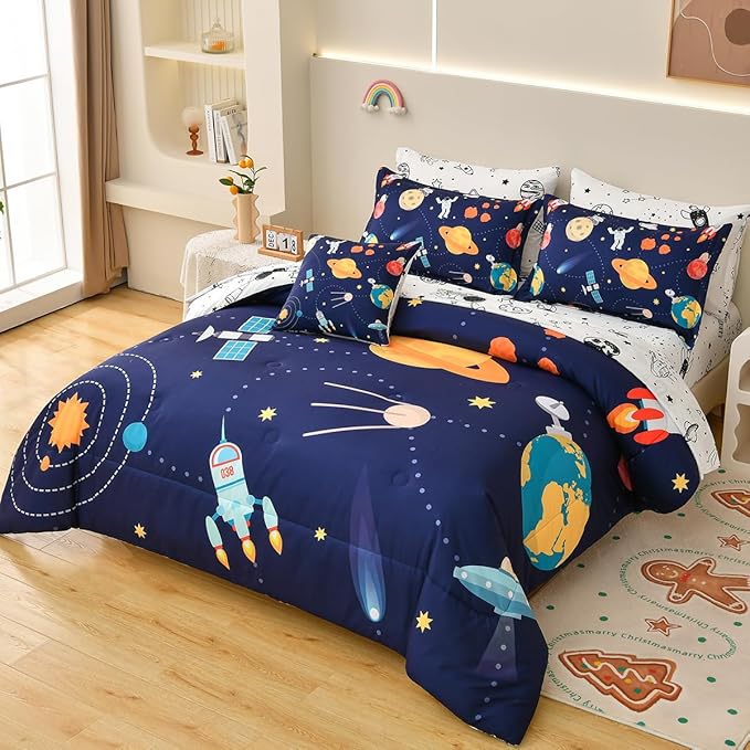 8 Piece Kid Comforter Set Twin Size Bed in a Bag, Space Rocket Bedding Set for Teen Boys Girls