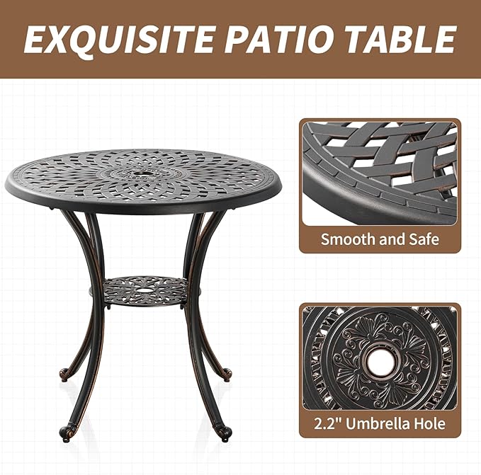 Cast Aluminum Patio Dining Set, Outdoor Bistro Set, 31.5"" Round Patio Table with Umbrella Hole, 2 Patio Chairs for Yard Porch Garden Balcony, Bronze 4