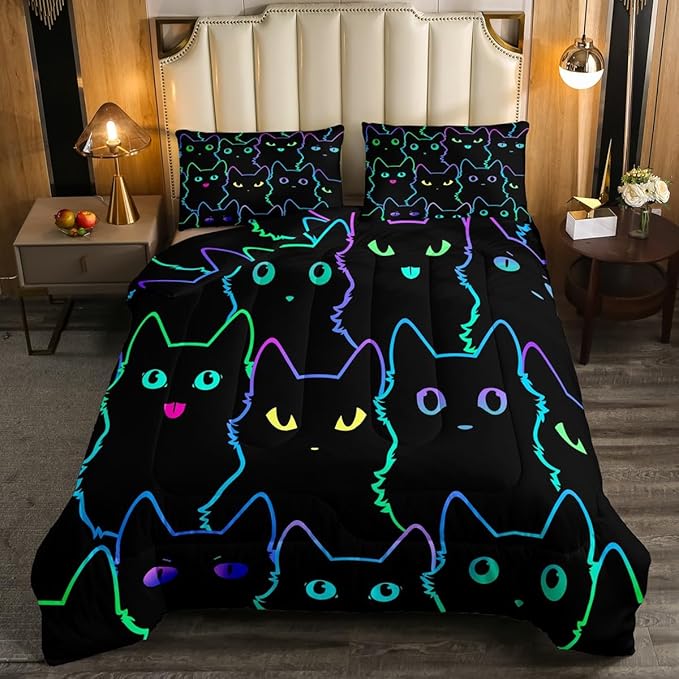 Erosebridal Kids Bedding Cartoon Cat Comforter Set Twin Size,Gradient Line Cute Cat Bedding Set for Teens Boys Girls Adults Room Decor,Lovely Animal Kitten Print Comforter All Season,Rainbow Black