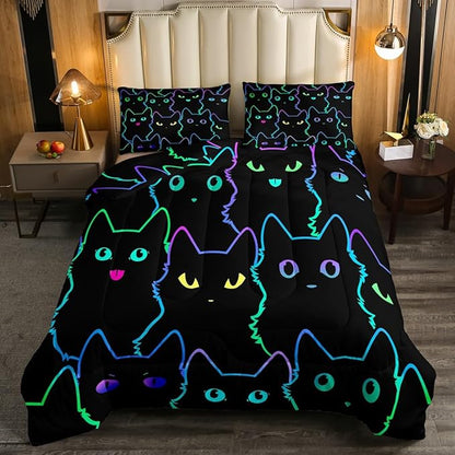 Erosebridal Kids Bedding Cartoon Cat Comforter Set Twin Size,Gradient Line Cute Cat Bedding Set for Teens Boys Girls Adults Room Decor,Lovely Animal Kitten Print Comforter All Season,Rainbow Black