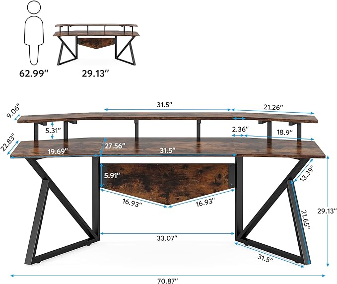 70.9" Large Computer Desk Home Office Desk Wing-Shaped Gaming Studio Desk, Rustic Brown