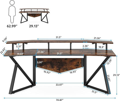 70.9" Large Computer Desk Home Office Desk Wing-Shaped Gaming Studio Desk, Rustic Brown