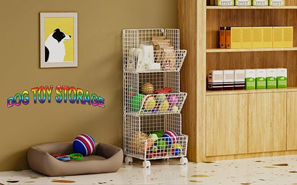3 Tier Rolling Wire Toy Organizer Basket - with Wheel, S-Hooks, Toy Storage Cart Wall Bookshelf for Kids Room, Playroom, Bedroom (White, Standard)