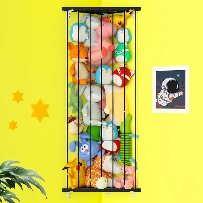 Stuffed Animal Storage Toy Organizer: Corner Stuff Animals Holder for Wall with Adjustable Length - Kids Plush Toys Storage for Nursery Playroom Bedroom Kids Room(Black)
