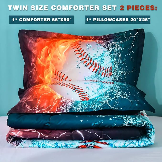 Andency 3D Baseball Comforter Twin(66x90 Inch), 2 Pieces(1 Baseball Comforter, 1 Pillowcase) Sport Microfiber Baseball Comforter Bedding Set for Boy Kids