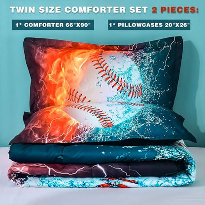 Andency 3D Baseball Comforter Twin(66x90 Inch), 2 Pieces(1 Baseball Comforter, 1 Pillowcase) Sport Microfiber Baseball Comforter Bedding Set for Boy Kids