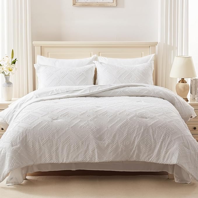 EMME King Comforter Set - 7 Pcs White Boho Comforter Set, Tufted King Size Bedding Sets with Sheets, Shabby Chic Embroidery Bed Set Fluffy Bed Bag for All Season(102"X90")