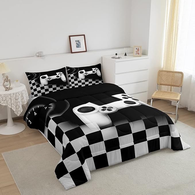 Gampad Comforter Set Queen Size,Gamer Lover Bedding Set Gift for Boys Youth,Video Game Reversible Quilted Duvet Soft Warm Game Room Decor,Black Buffalo Plaid Check Duvet Insert + 2 Pillowcases