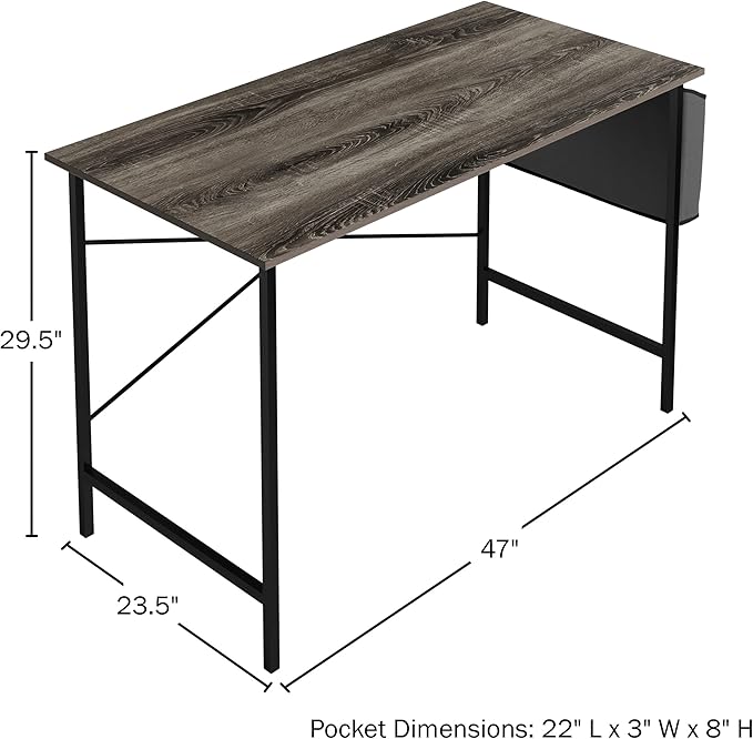 Lavish Home Modern Computer Desk with Industrial Style Woodgrain Look and Steel for Home Office, Bedroom, or Craft Table, with Storage Bag, (L) 47” x (W) 23.5” x (H) 29.5”, Gray
