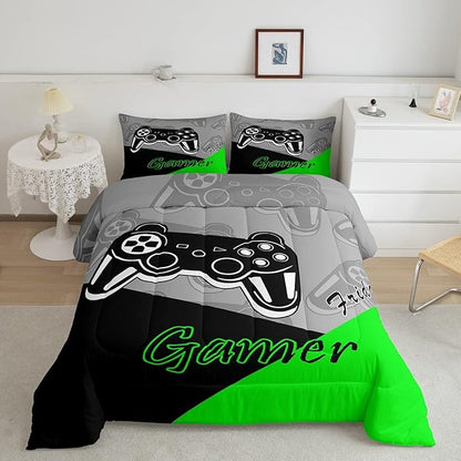 Feelyou Gamer Comforter Set Gaming Bedding Set for Teens Boys Video Game Decor Comforter Game Controller Quilted Duvet Set 1 Comforter with 2 Pillowcases Queen Green