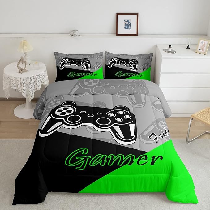 Feelyou Gamer Comforter Set Gaming Bedding Set for Teens Boys Video Game Decor Comforter Game Controller Quilted Duvet Set 1 Comforter with 2 Pillowcases Full Green