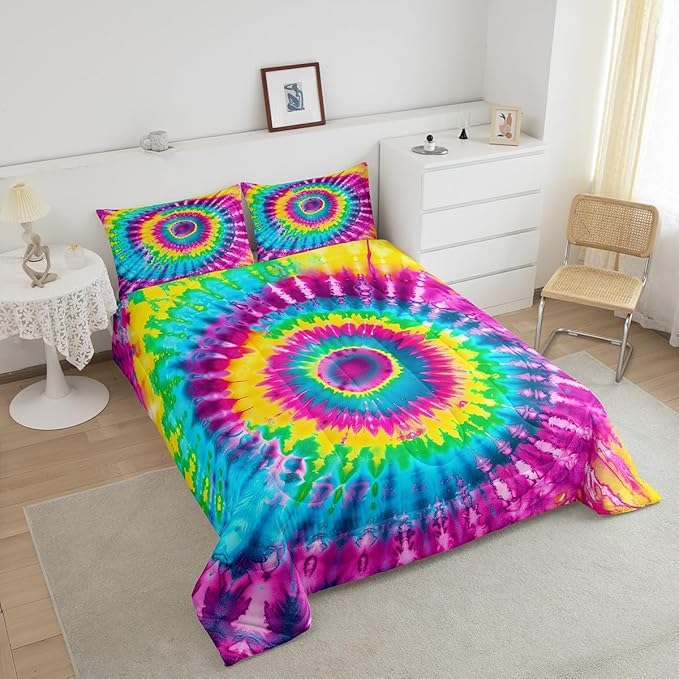 2 Piece Rainbow Tie Dye Comforter Set with 1 Pillowcase Boho Psychedelic Bedding Set for Kids Girls Teens Bohemian Gypsy Exotic Spiral Quilted Duvet Soft Comfy, Watercolor Art Down Comforter,Twin
