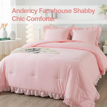 Andency Pink California King Comforter Set, 3 Pieces Cal King Light Pink Ruffle Comforter, Lightweight Soft Oversized Farmhouse Shabby Chic Microfiber Bedding Set (104x96Inch)