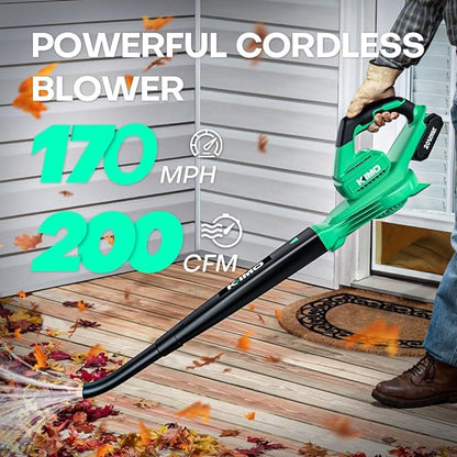 K I M O. Leaf Blower Cordless with Battery and Charger, 2X2.0 Batteries, Extension Tube, 200 CFM 170 MPH Lightweight Cordless Leaf Blower, Battery Operated Leaf Blowers for Lawn Care, Yard|Patio|House