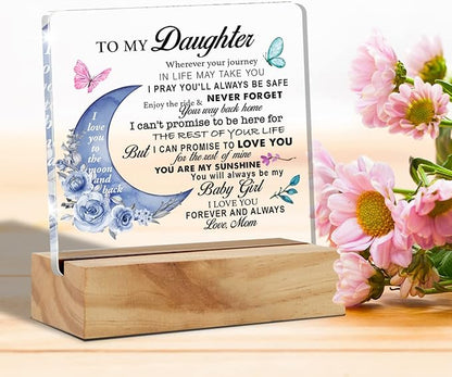 Daughter Gift From Mom, to My Daughter Wherever Your Journey in Life Desk Decor Moon Acrylic Desk Plaque Sign with Wood Stand Home Office Table Desk Sign Keepsake