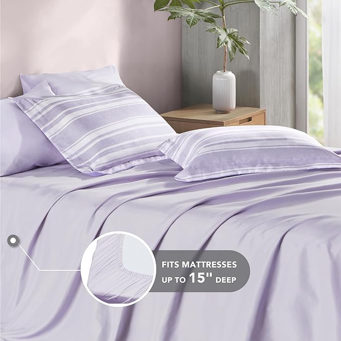 Codi Bed in a Bag Twin Size Complete Set, Lavender Purple Striped Single Comforter Set 5 Piece for Teen, Modern Neutral Cationic Dyeing Bed Sets with Comforter, Sheets, Pillowcases & Shams