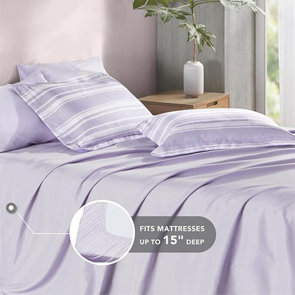 Codi Full Comforter Set 7 Piece, Lavender Purple Striped Bed in a Bag Reversible for All Seasons, Cationic Dyeing Bedding Sets with Comforter, Sheets, Pillowcases & Shams