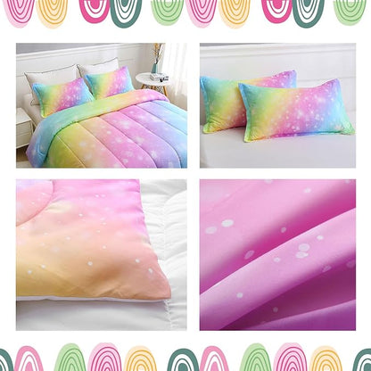 Girls Unicorn Bedding Set 3 Piece Rainbow Comforter Set for Teen Girls Adults with Sparkle Stars Soft Bedding Sets Machine Washable, Multi, Twin