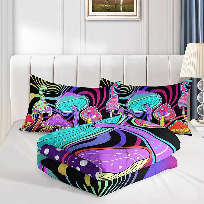 Colorful Mushroom Comforter Set Twin Size Kids 3D Mushroom Bedding Set Cute Hippy Theme Quilt Bed Set for Boys Girls Adults with 1 Comforter and 2 Pillowcases