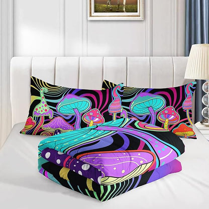 Colorful Mushroom Comforter Set Full Size Kids 3D Mushroom Bedding Set Cute Hippy Theme Quilt Bed Set for Boys Girls Adults with 1 Comforter and 2 Pillowcases