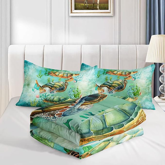 Datura home Sea Turtle Comforter Bedding Set for Kids Teens Adults,Watercolor Sea Turtle Light-Green and Blue Coral Seaweed Ocean Themed Comforter with 2 Pillowcases(Turtle Queen),Green Turtle