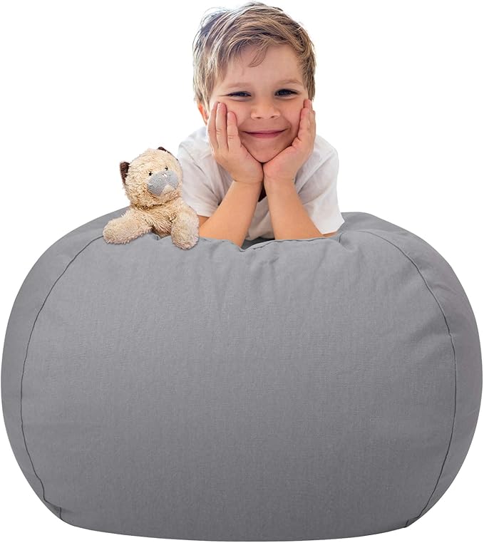 Aubliss Stuffed Animal Storage Bean Bag Chair Cover (No Beans)，Stuff and Sit Storage Bean Bag for Kids Toy Storage，Medium 32"-Canvas Solid Grey